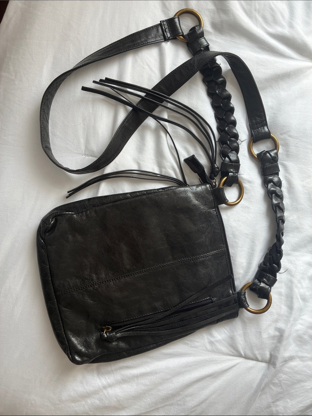HOBO Black Leather Crossbody with Braided Strap and Tassel